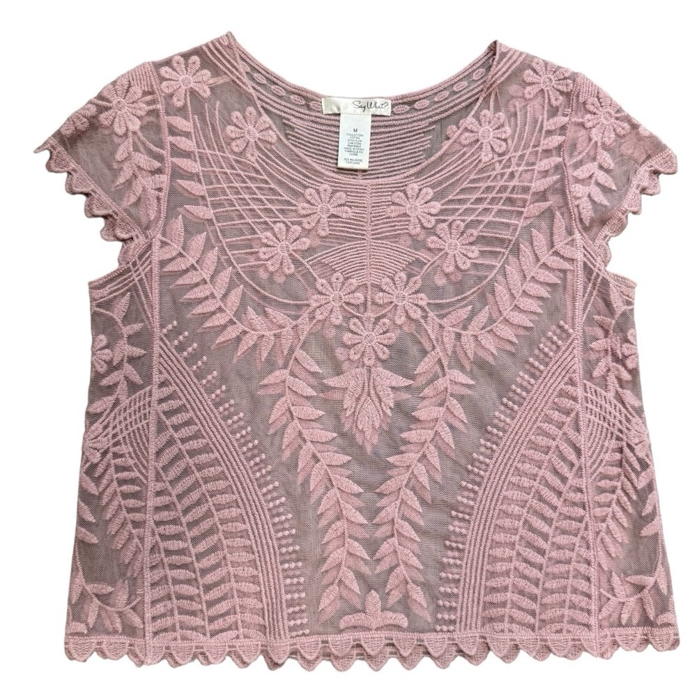 Say What? Sheer Lace Top Sz M Pink Embroidered Floral Tee Delicate Crochet NWOT